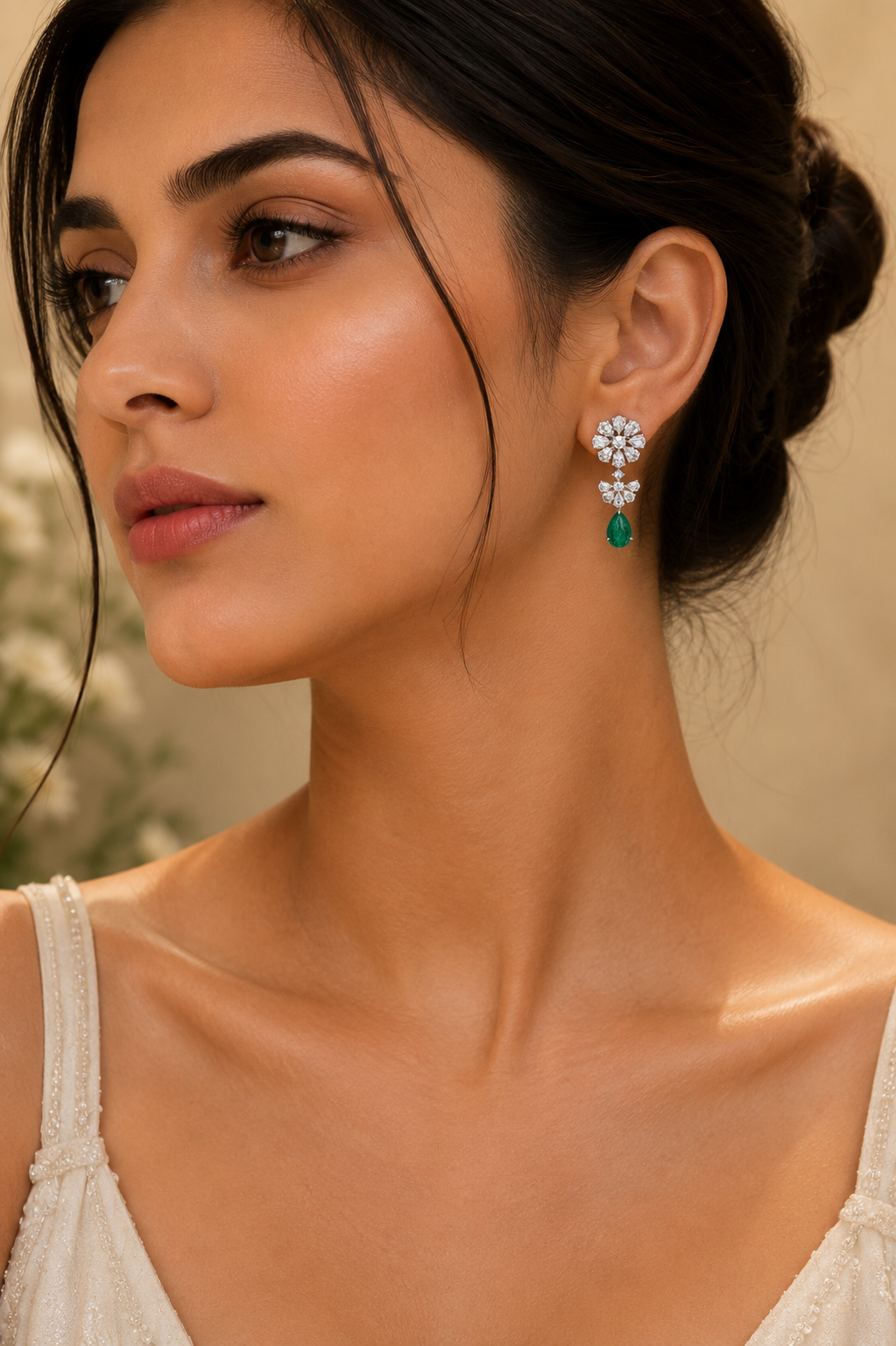 18K White Gold Rose Cut Diamond Emerald Drop Earrings
