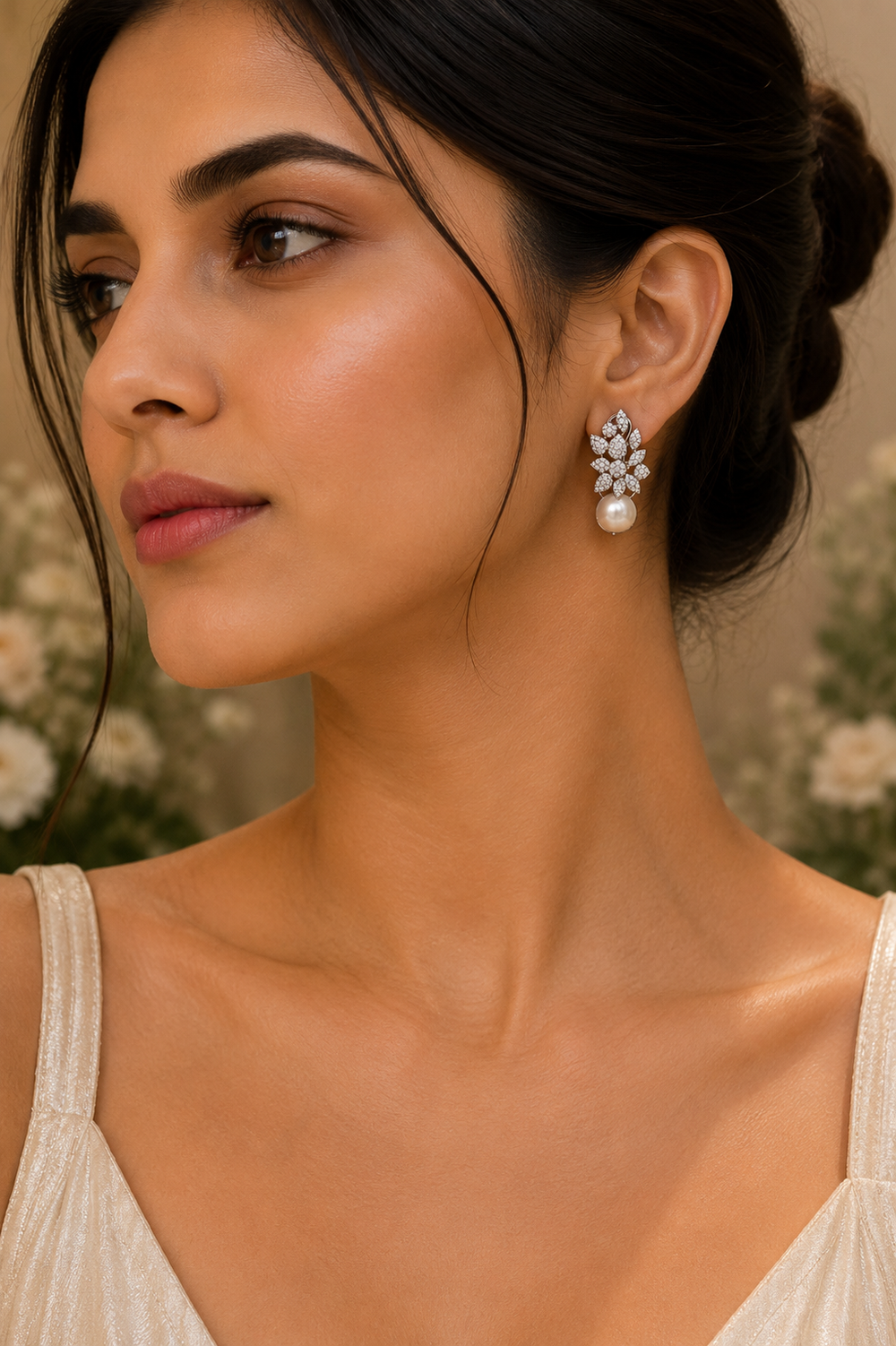 18K Rose Gold Pearl Diamond Drop Earrings
