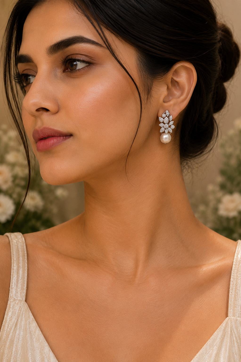 18K Rose Gold Pearl Diamond Drop Earrings