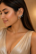 18K White Gold Diamond Ear Cuff Chain Earrings