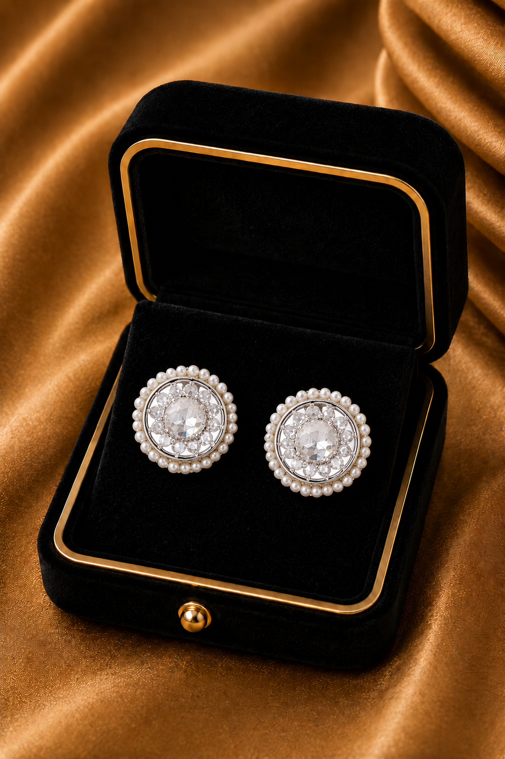 18K White Gold Rose Cut Diamond Halo Earrings