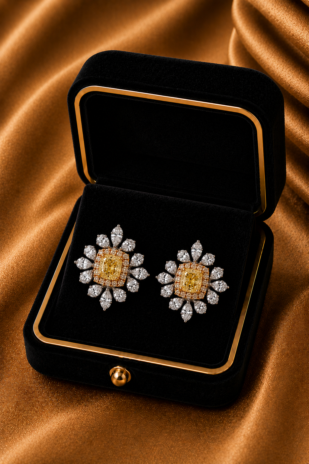 18K White Gold Yellow Diamond Floral Stud Earrings