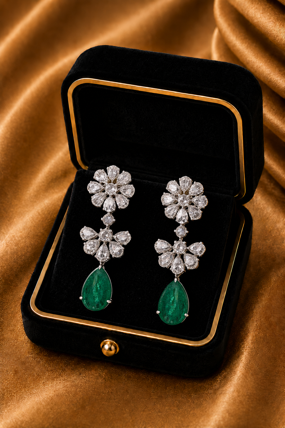 18K White Gold Rose Cut Diamond Emerald Drop Earrings