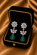 18K White Gold Rose Cut Diamond Emerald Drop Earrings