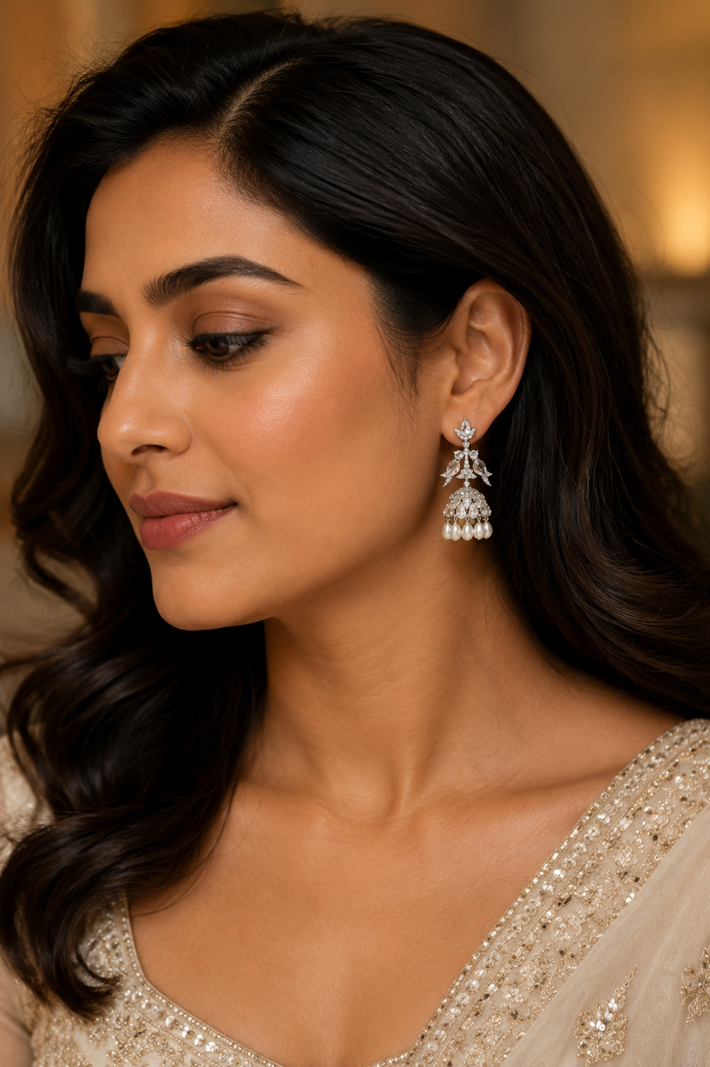 18K White Gold Diamond Jhumka Earrings