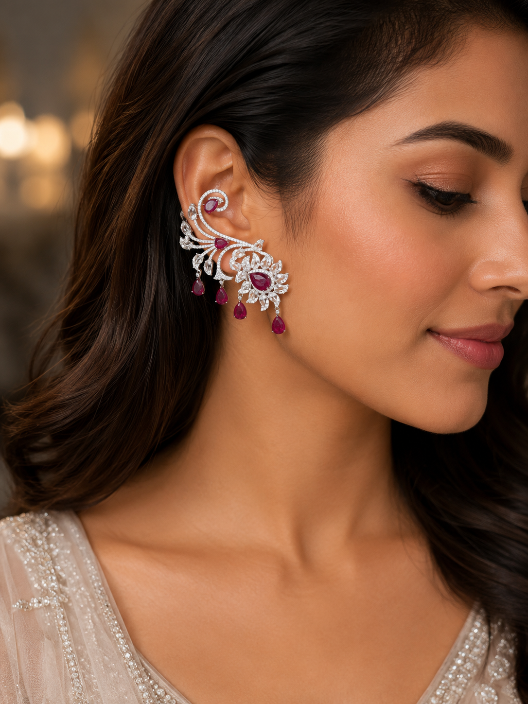 18K White Gold Ruby Diamond Ear Climber Earrings