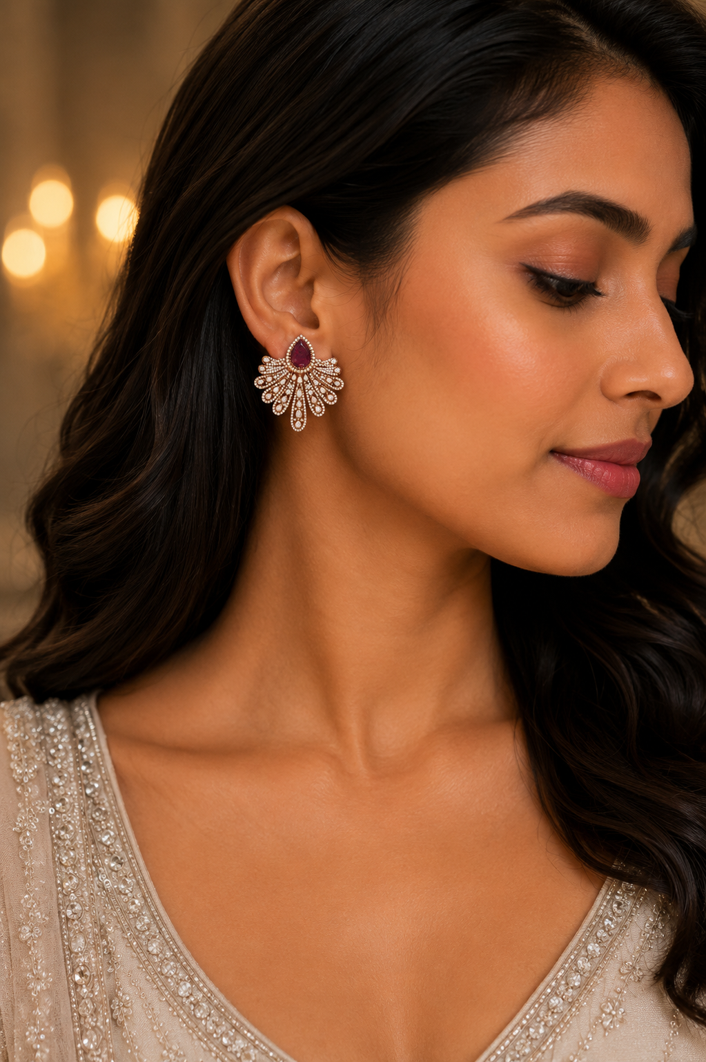 18K White Gold Ruby Diamond Chandelier Earrings