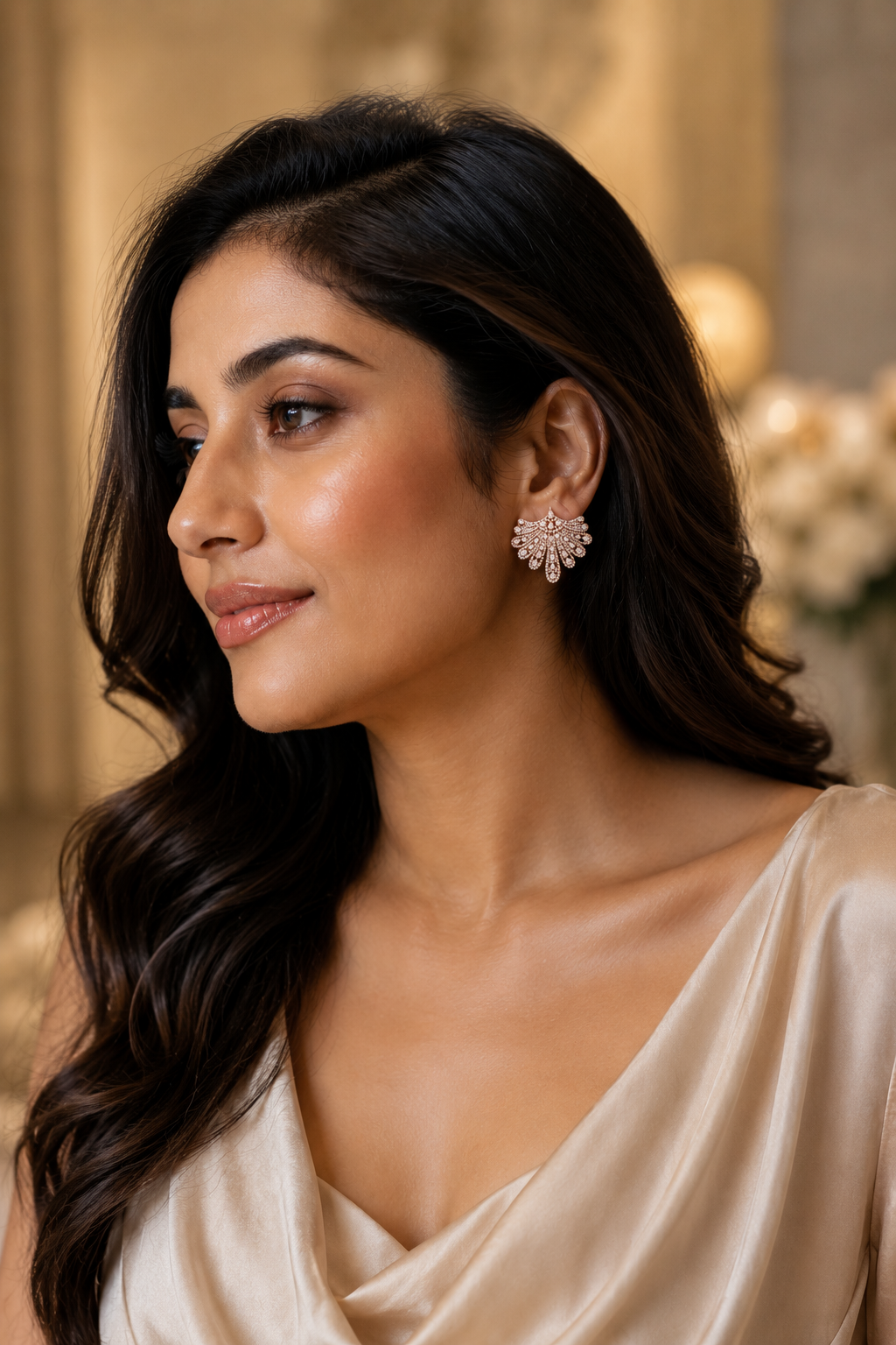 18K White Gold Diamond Fan Drop Earrings
