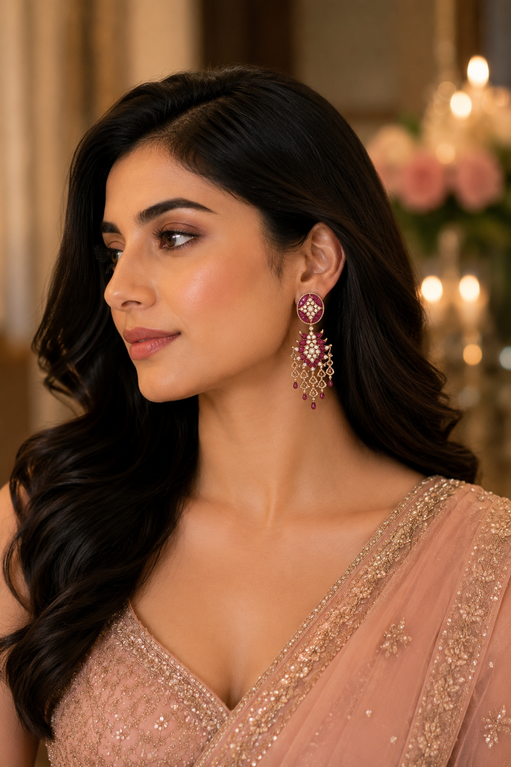 18K White Gold Ruby Diamond Chandelier Earrings