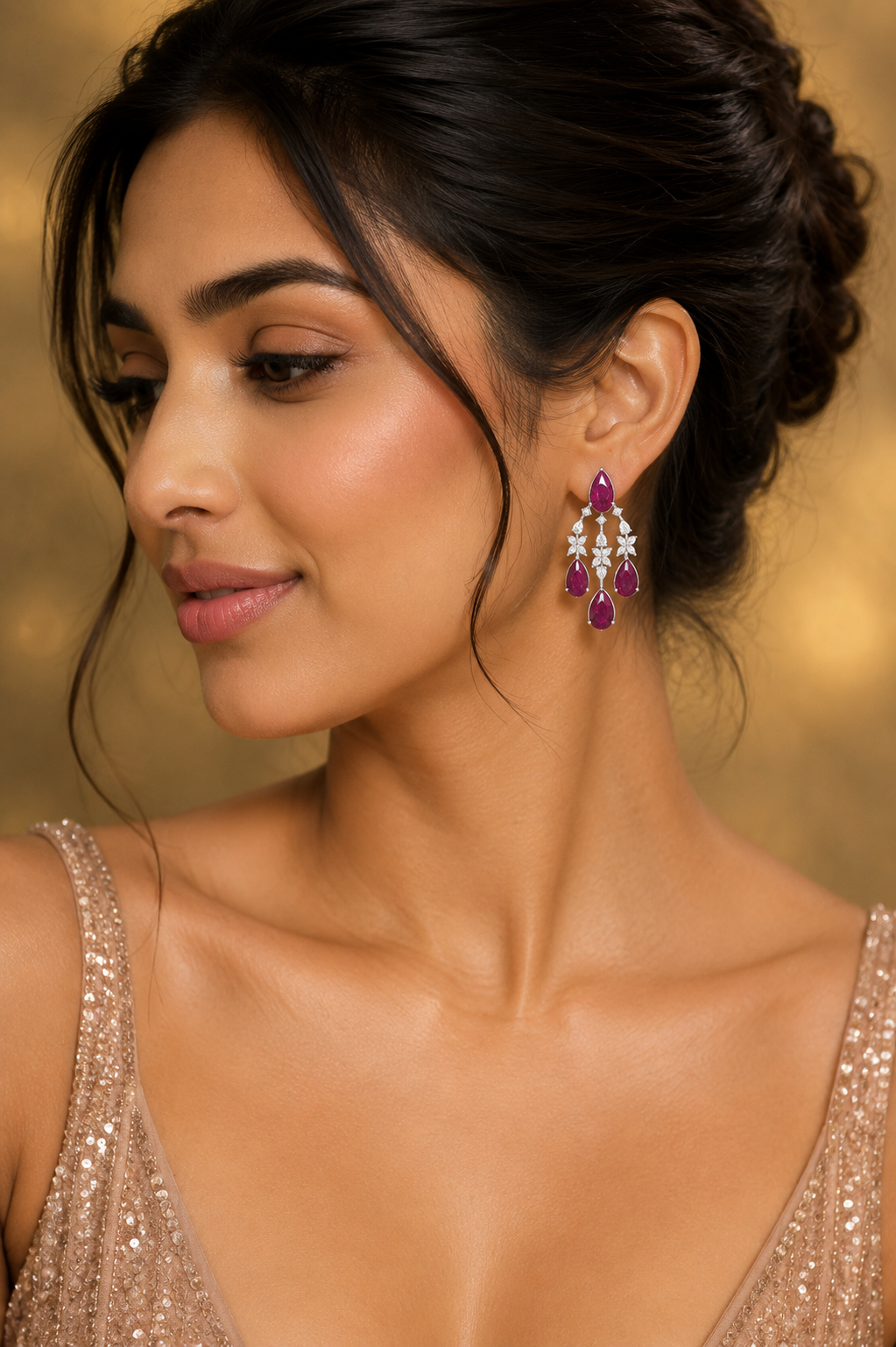 14K White Gold Ruby Diamond Chandelier Earrings