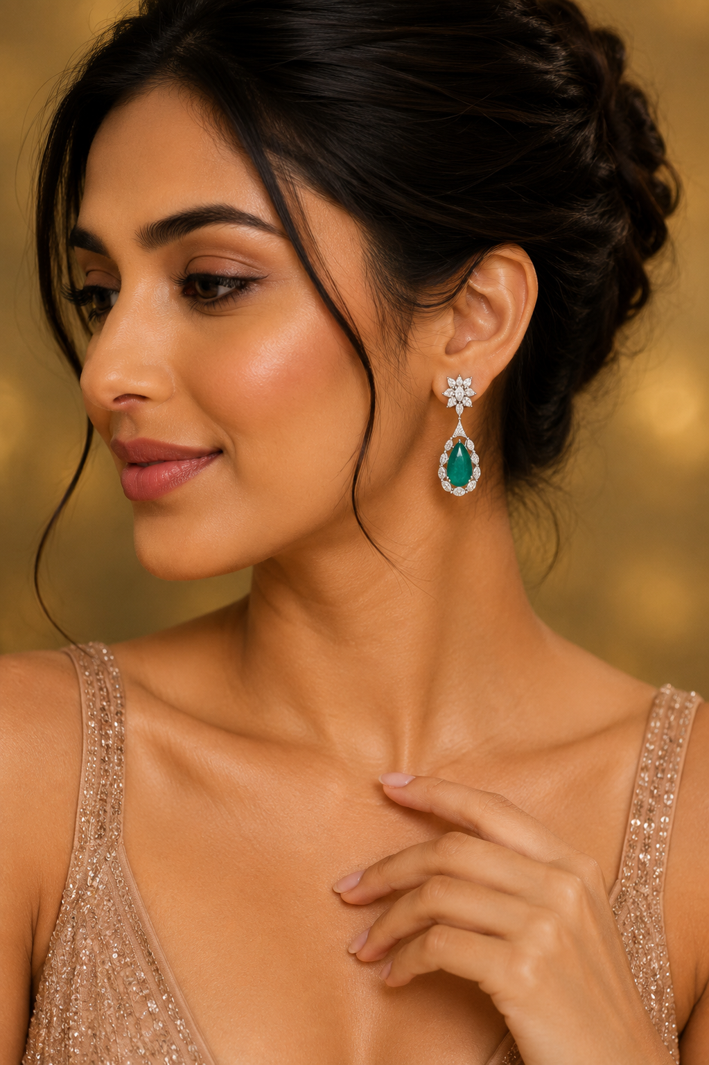 18K White Gold Emerald Pear Diamond Drop Earrings