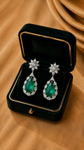 18K White Gold Emerald Pear Diamond Drop Earrings