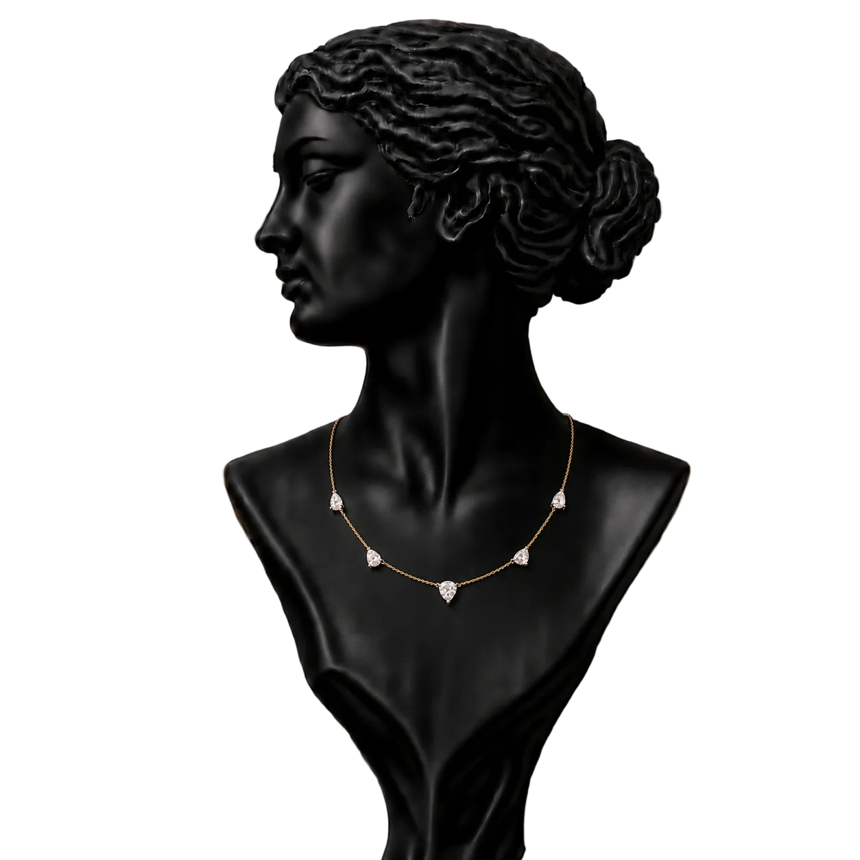 A gold necklace with small diamond-like stones displayed on a black classical bust .