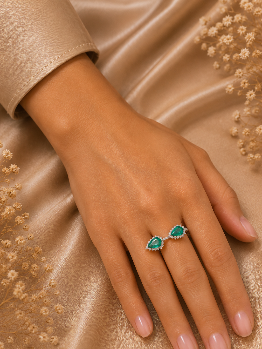 Twin Emerald Bloom Diamond Ring