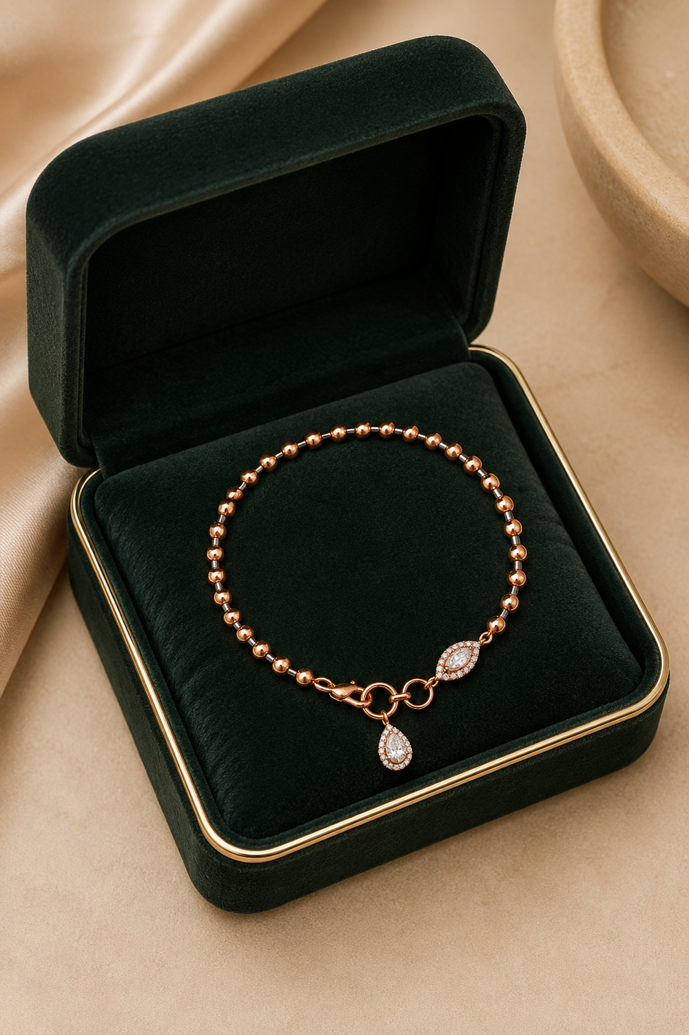 18K White Gold Diamond Charm Beaded Bracelet