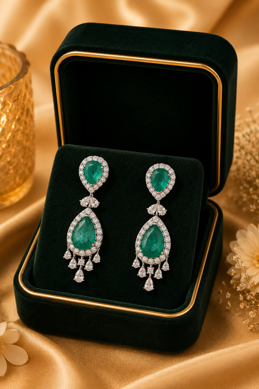 18K White Gold Emerald Pear Diamond Drop Earrings
