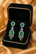18K White Gold Emerald Pear Diamond Drop Earrings