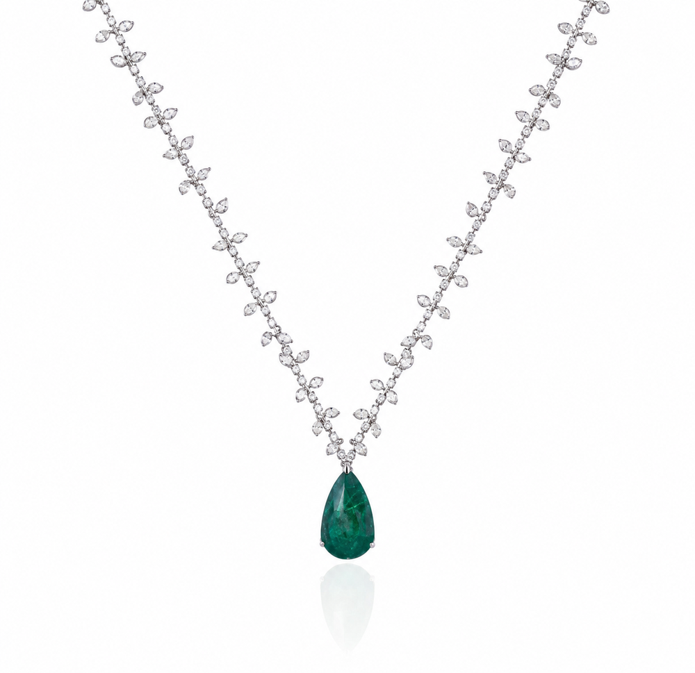 Emerald Dew Drop Diamond Necklace in 18K Gold | Luxury Fine Jewellery