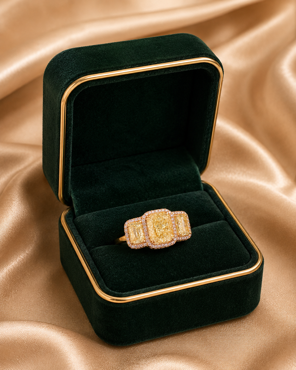 Fancy Yellow Twin Cushion Diamond Ring in 18K White Gold