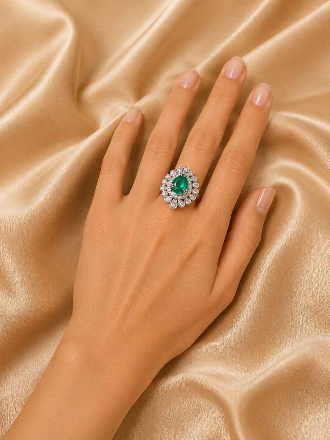 18K White Gold Pear Emerald Diamond Halo Ring