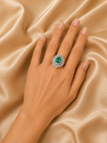 18K White Gold Pear Emerald Diamond Halo Ring