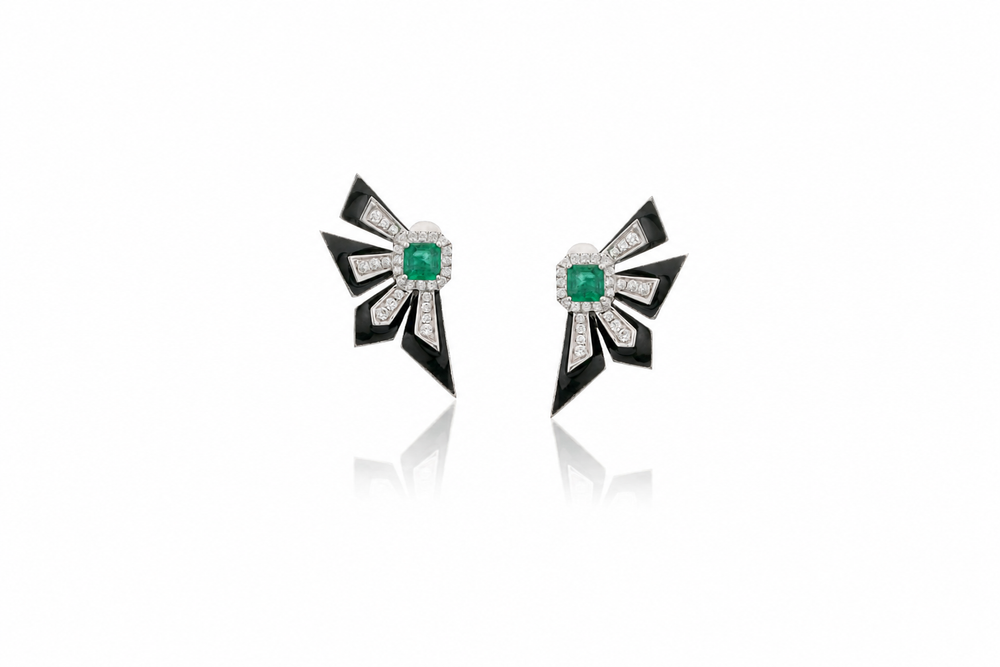 Émeraude Noir Diamond Fan Earrings in 18K White Gold
