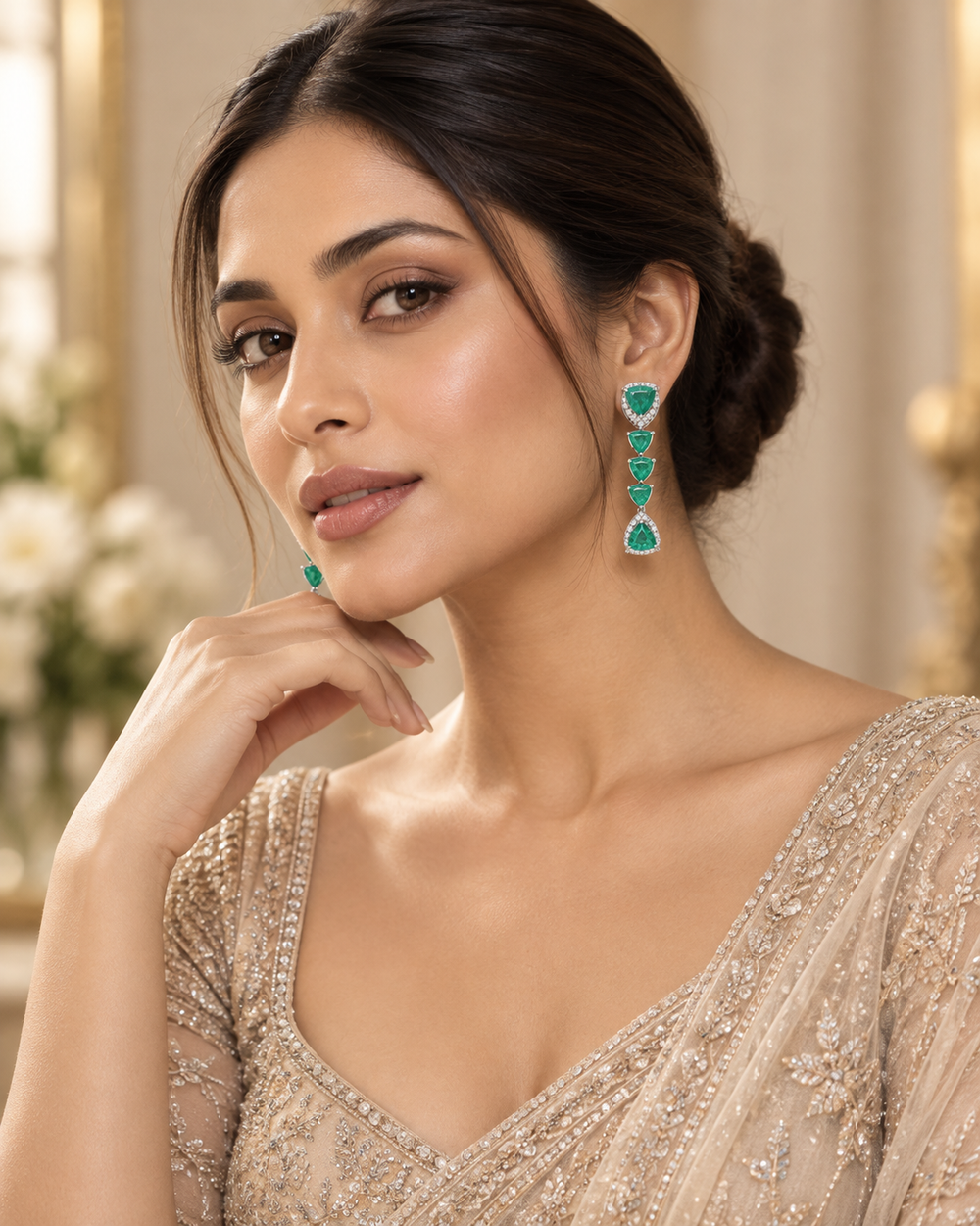 Dangling Emerald Earrings in 18Kt White gold