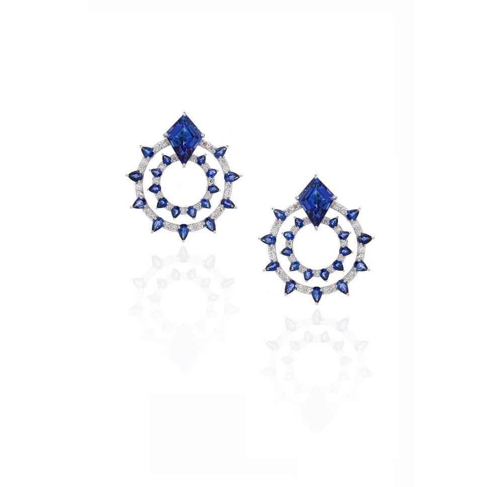 18K White Gold Blue Sapphire Diamond Drop Earrings
