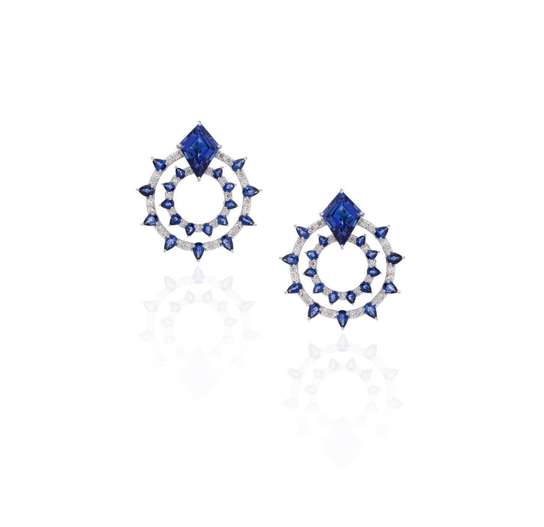 18K White Gold Blue Sapphire Diamond Drop Earrings