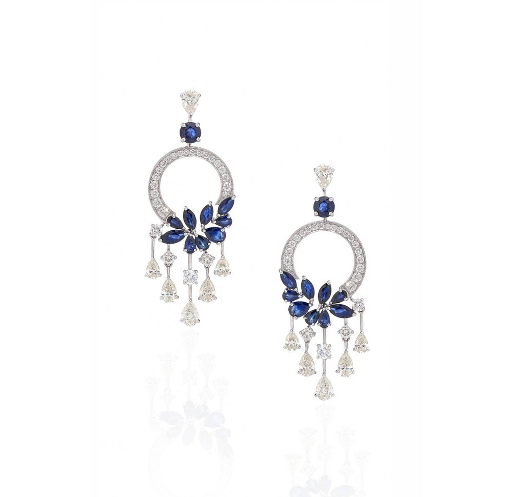 18K White Gold Blue Sapphire Diamond Chandelier Earrings