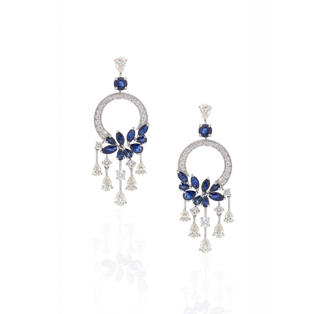 18K White Gold Blue Sapphire Diamond Chandelier Earrings