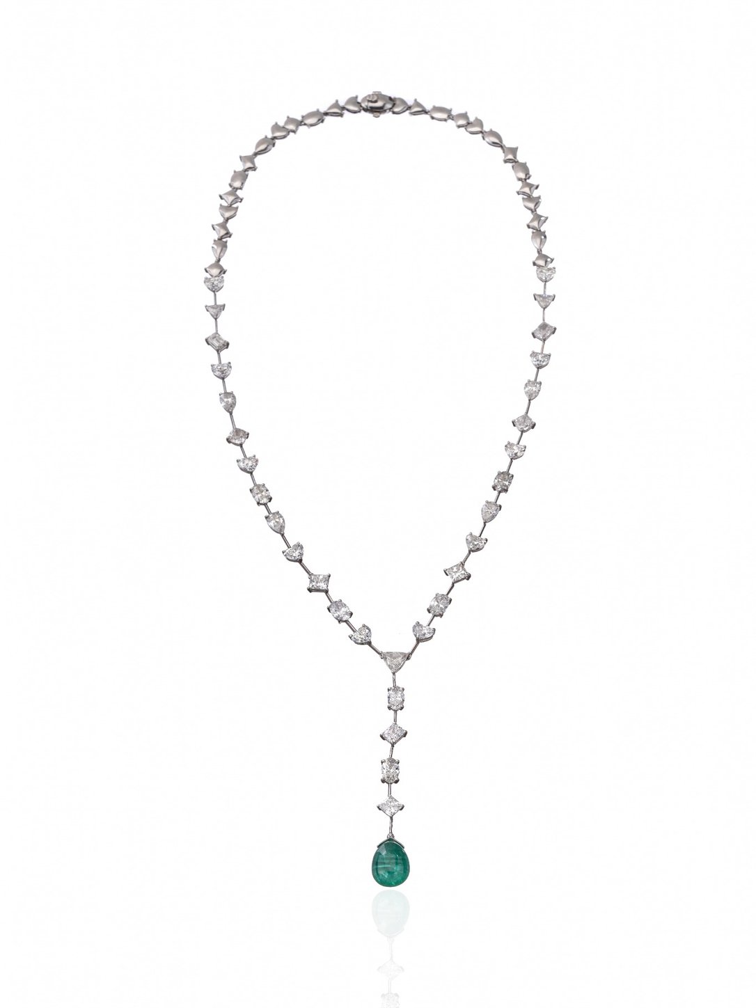 Fancy Cut Diamond Necklace with Emerald Drop in 18K Gold