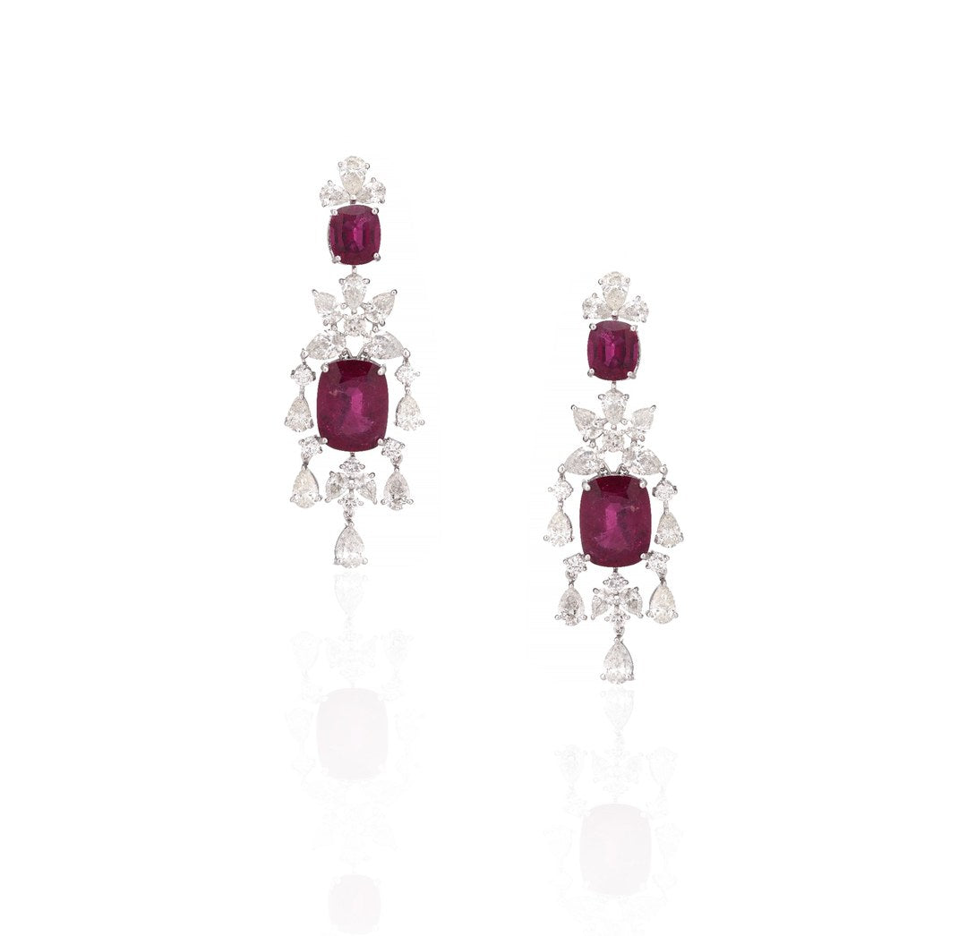18K White Gold Ruby Floral Diamond Drop Earrings