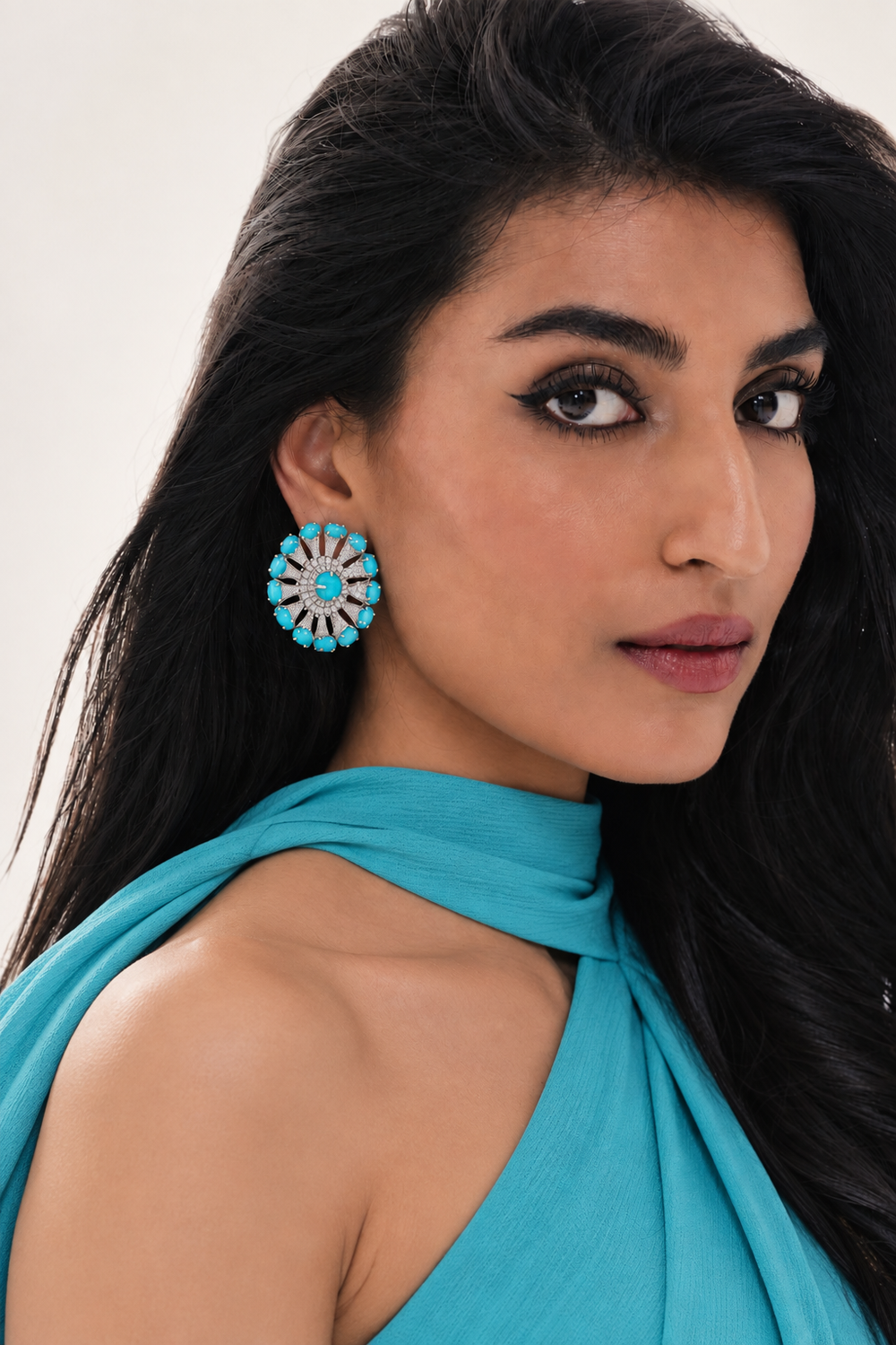18K White Gold Turquoise Halo Diamond Earrings
