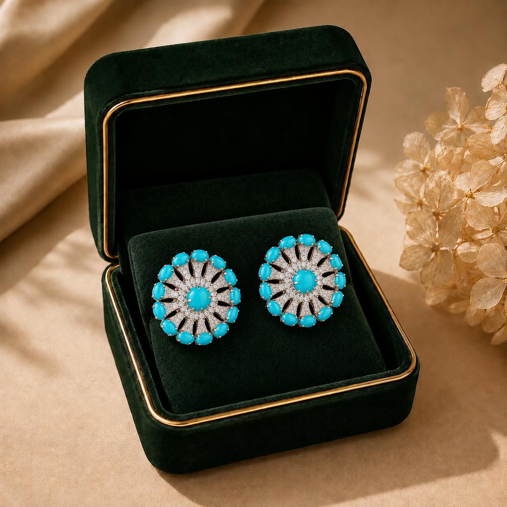 18K White Gold Turquoise Halo Diamond Earrings