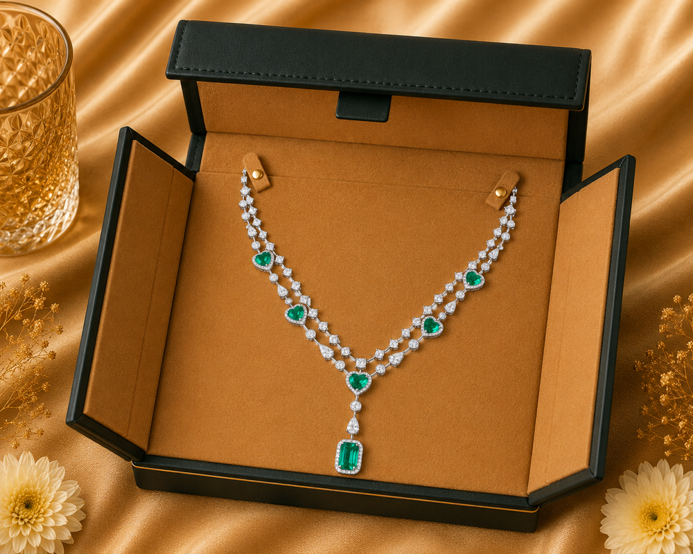 18K White Gold Emerald Station Diamond Necklace