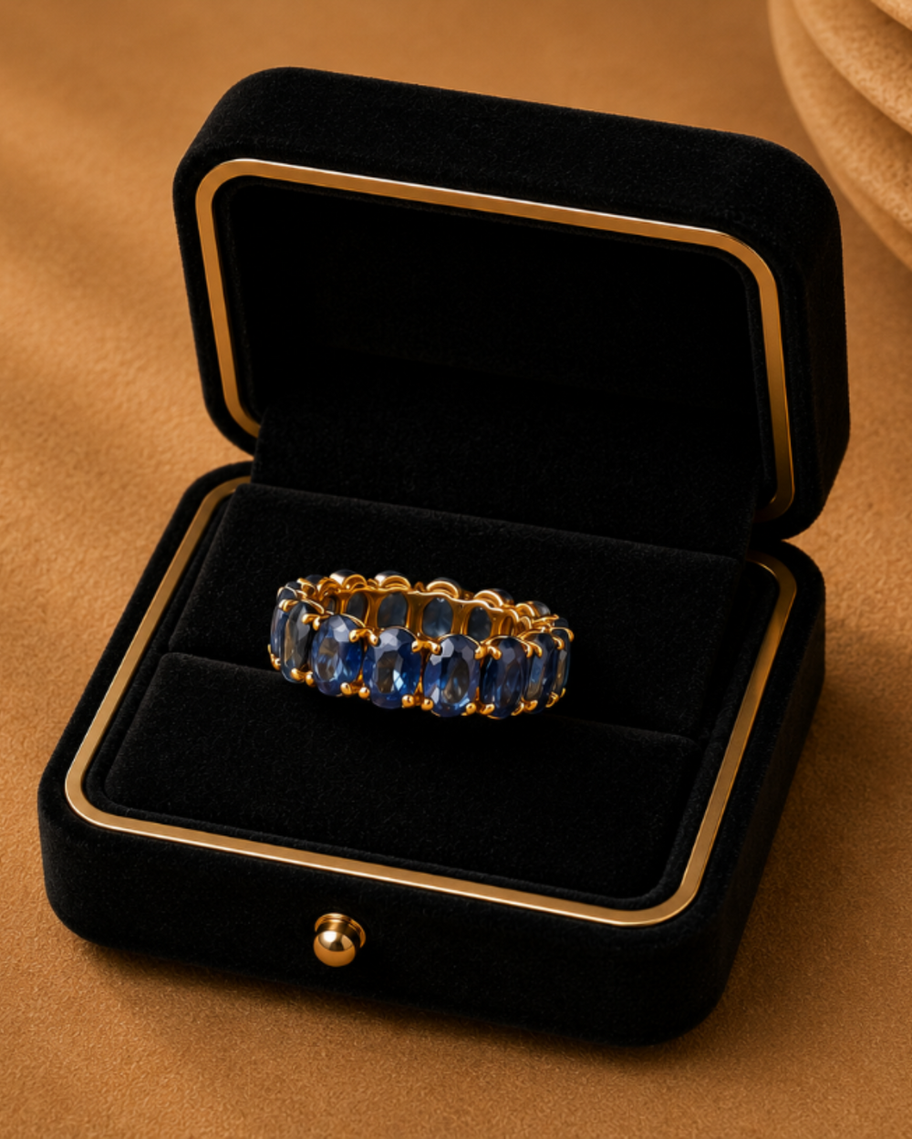 Midnight Sapphire Crown Ring in 18K yellow gold with natural blue sapphires and natural diamonds displayed in a luxury jewellery box
