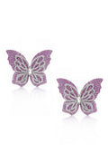 A pair of butterfly-shaped stud earrings with textured purple and silver wings, featuring a clear central stone, displayed on a clean white background with soft reflections