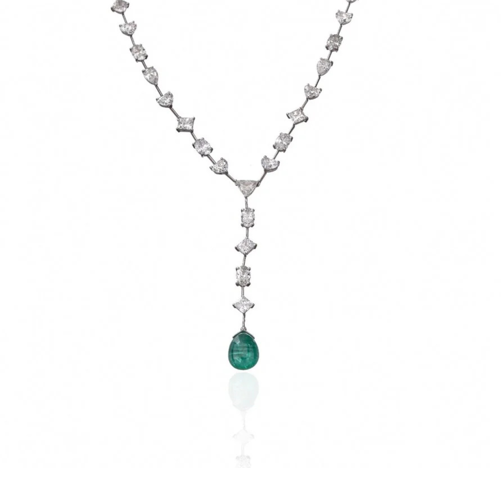 Fancy Cut Diamond Necklace with Emerald Drop in 18K Gold