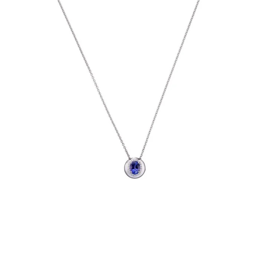 18K White Gold Blue Sapphire Diamond Pendant Necklace