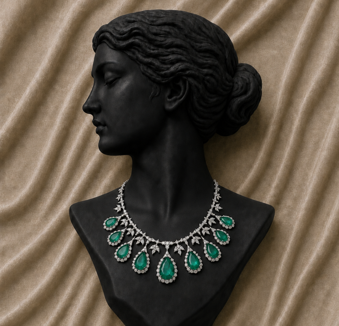 Imperial Emerald Pear Drop Diamond Statement Necklace in 18K Gold | Luxury High Jewellery