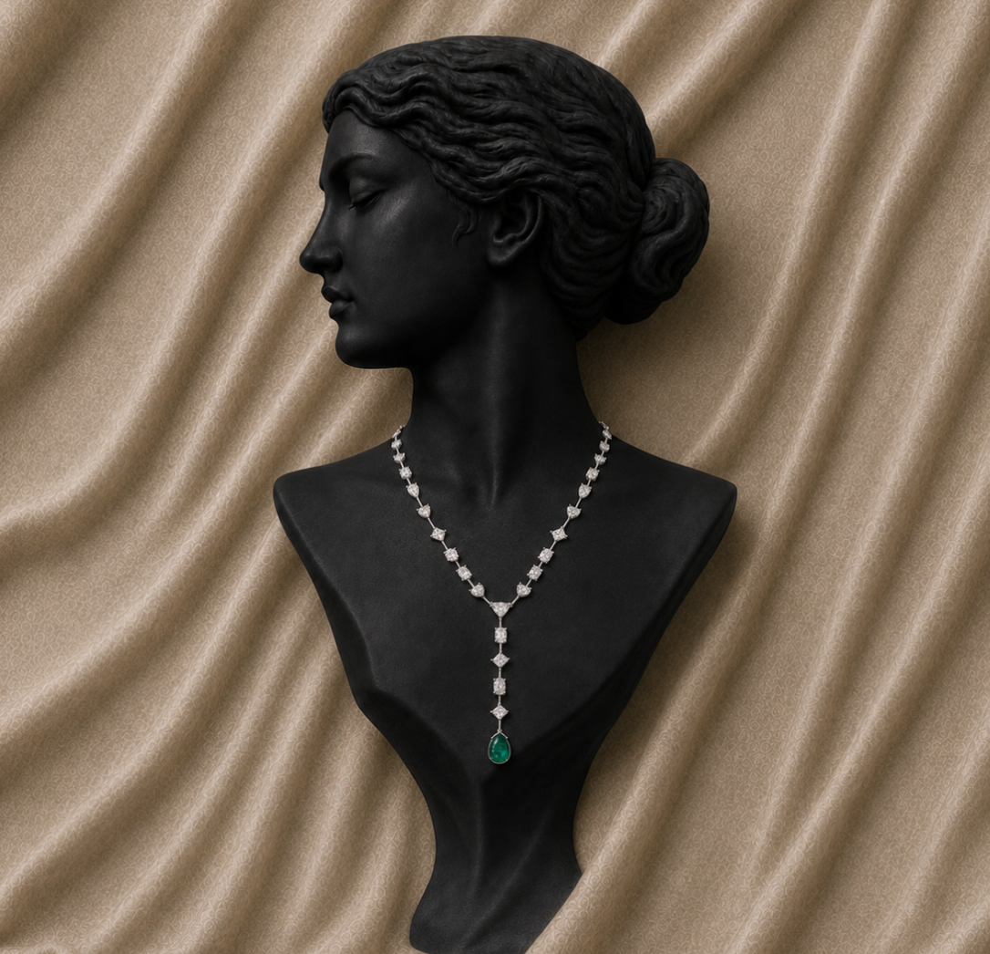 Fancy Cut Diamond Necklace with Emerald Drop in 18K Gold