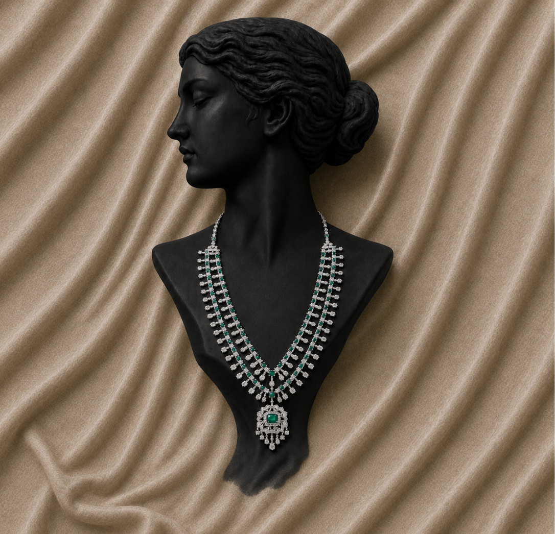 14K White Gold Emerald Layered Diamond Necklace