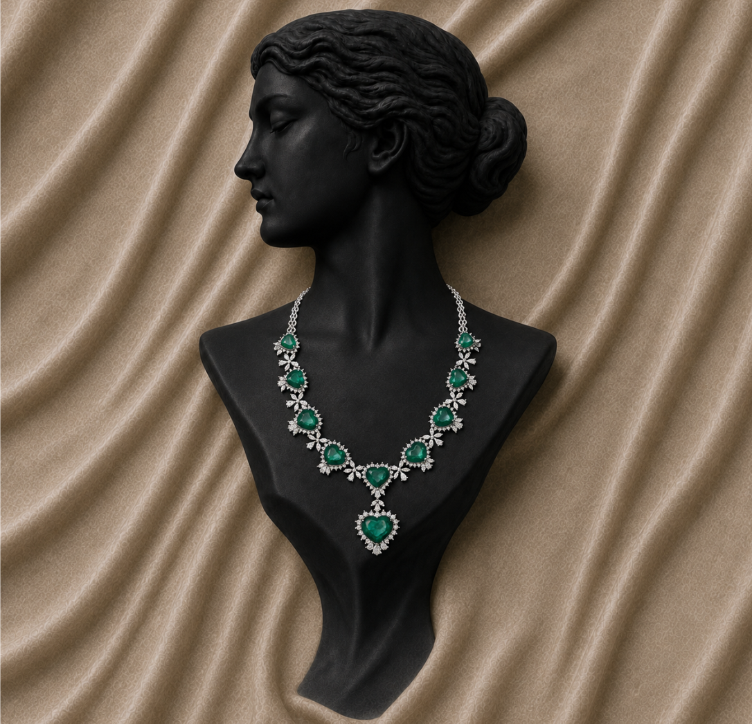 Royal Emerald Drop Diamond Statement Necklace in 18K Gold | Luxury High Jewellery