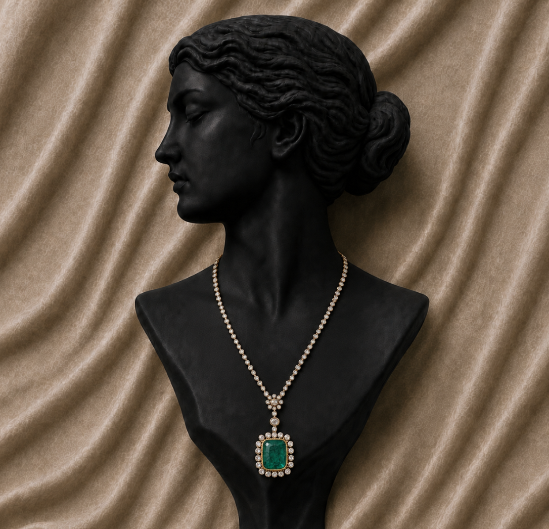 18K White Gold Emerald Diamond Pendant Necklace