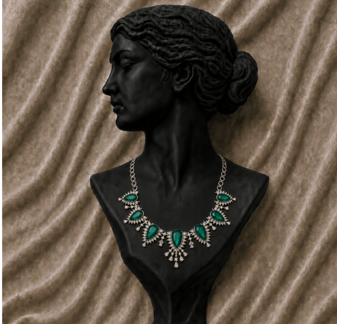 14K White Gold Emerald Diamond Statement Necklace