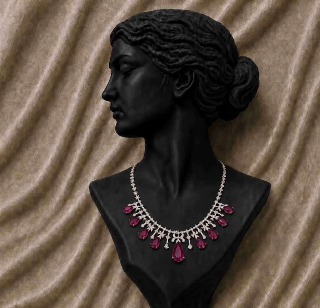 14K White Gold Ruby Diamond Statement Necklace