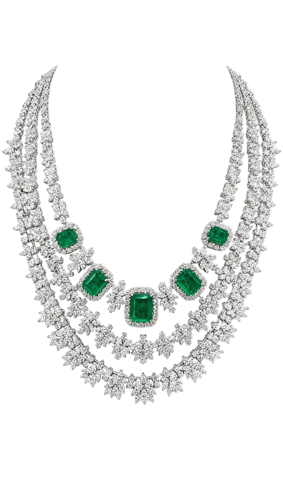 14K White Gold Emerald Diamond Layered Necklace