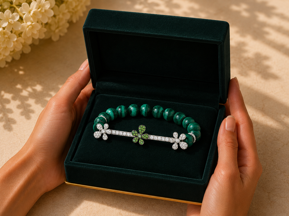Jasmine Charm Malachite Diamond Bracelet in 18K White Gold