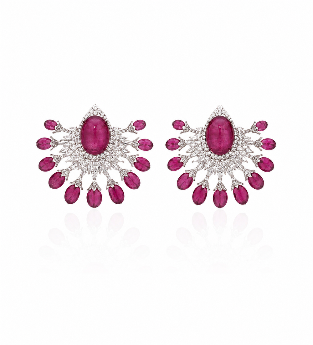 Ruby Halo Diamond Statement Earrings in 18K White Gold | Luxury Fine Jewellery